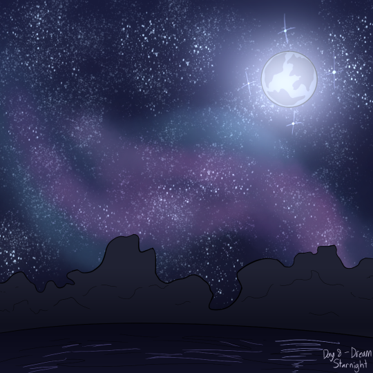 Drawing of a still lake on a starry night. The water is dark; the sky is filled with stars and a purple nebula. The full moon is visible in the top right. In the bottom right is text reading 'Day 8 - Dream. Starnight.'