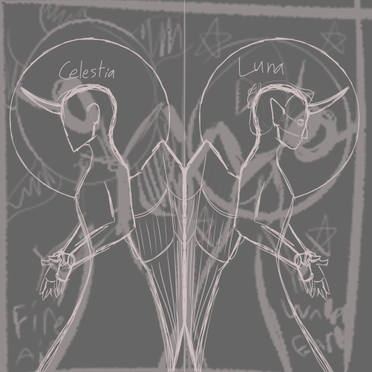 Sketch of the royal sisters, Celestia and Luna. They're posed in the middle, back to back, with a border between them. Both sisters are labeled with their names above their heads. Celestia is on the left, with the sun haloed behind her head. Bottom left note reads 'Fire Air'. Luna is on the right, moon and stars haloed behind her head. Bottom right note reads 'Earth Water'.